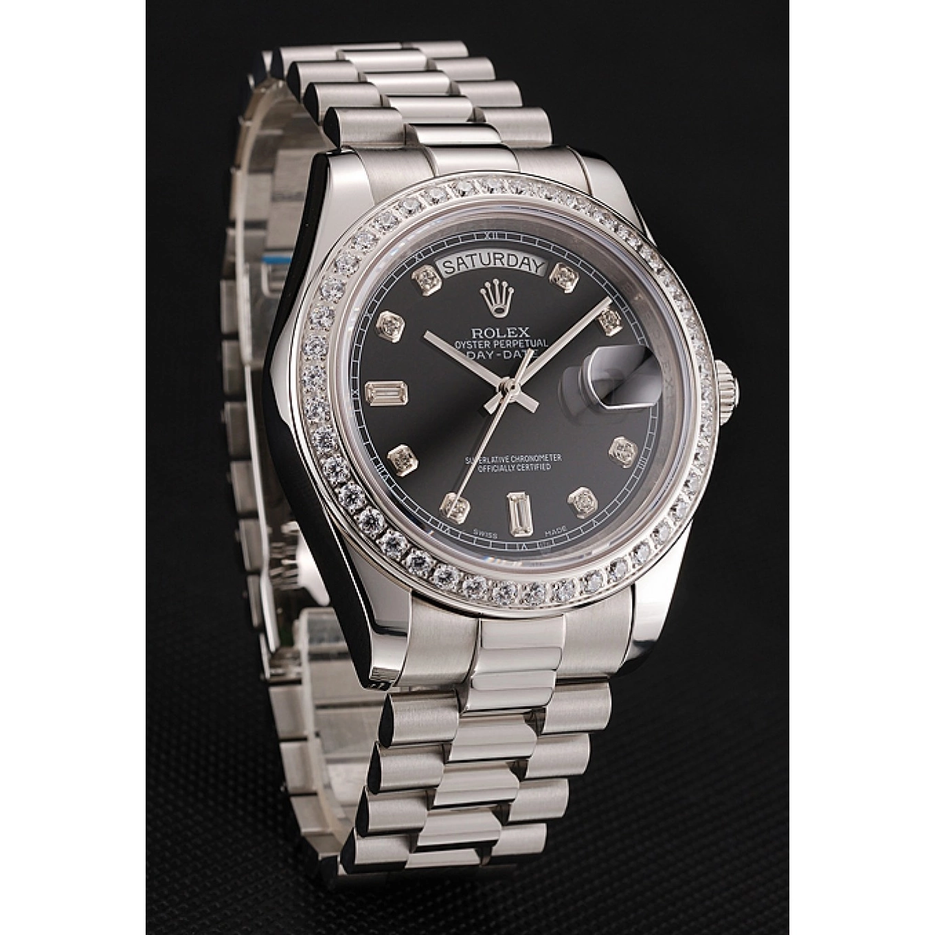 Good copy rolex watches Numerals 1453966 Day-Date Case Dial Black Swiss Rolex Bracelet Steel Stainless Diamond Diamond 0821